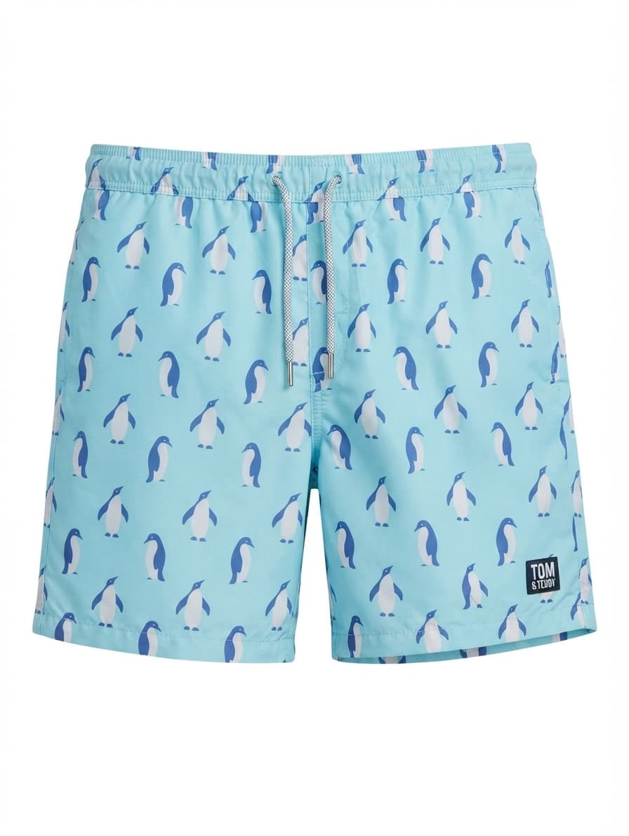 Tom & Teddy Penguin Print Swim Trunks Light Blue Size S — photo 1 of 6