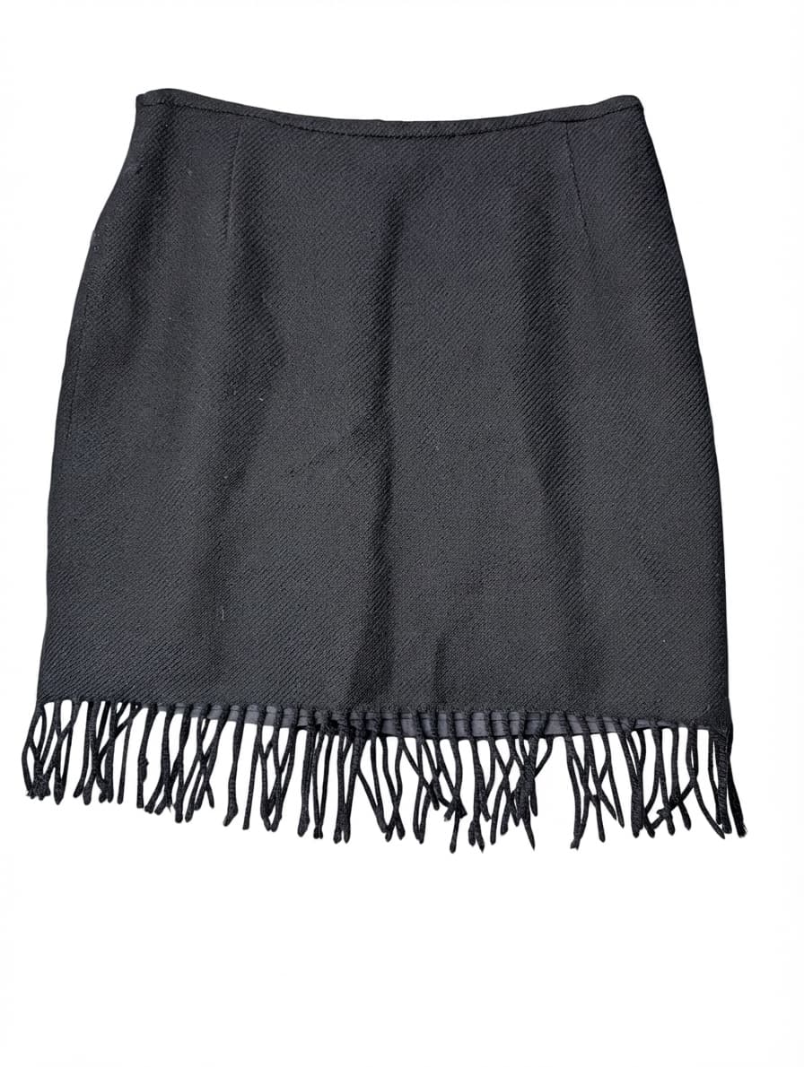 Trent Nathan Wool Blend Mini Skirt Black Fringed Hem Size 12 — photo 1 of 8