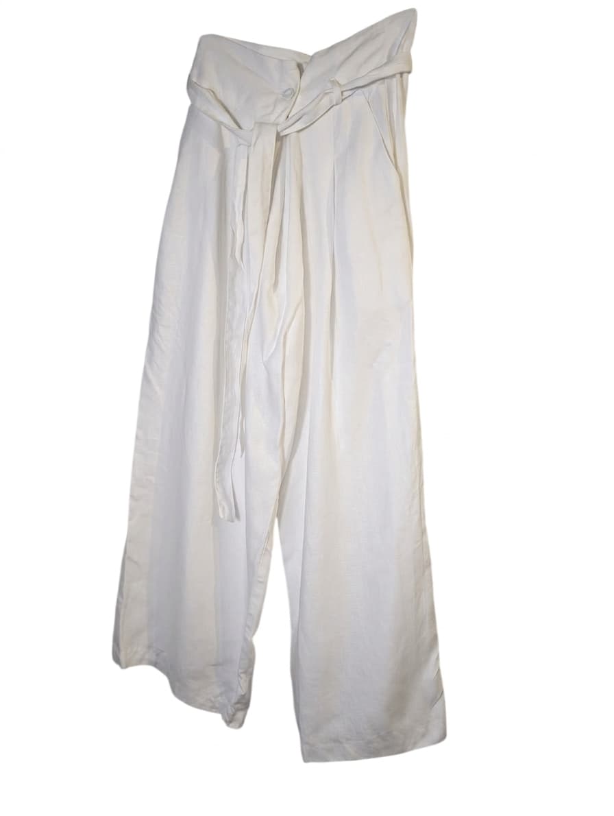 Unbranded Linen Blend Wide Leg Tie-Waist Trousers White — photo 1 of 2