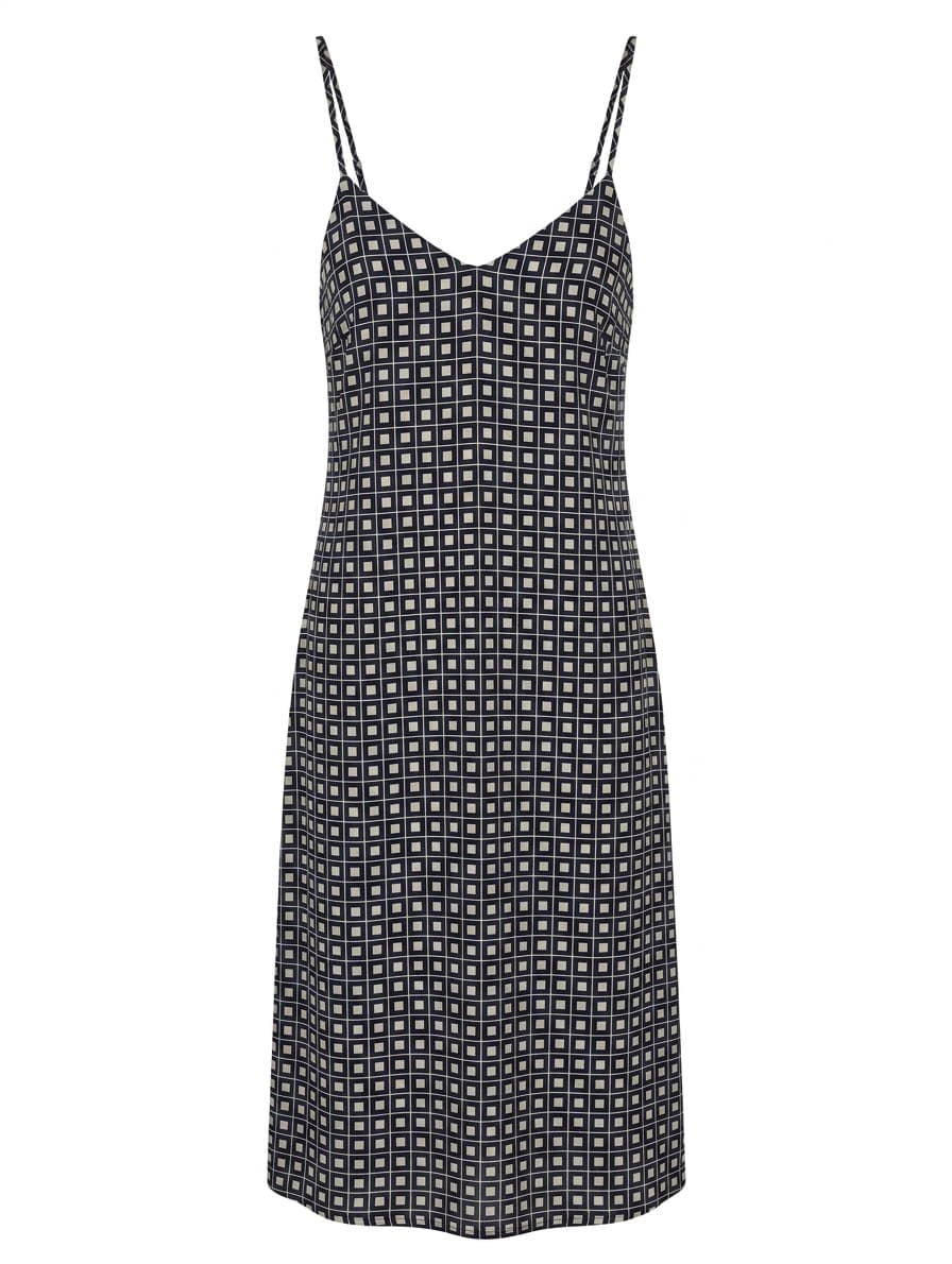 Unison Grid Print Midi Dress Navy and Cream Size 6 — photo 1 of 5