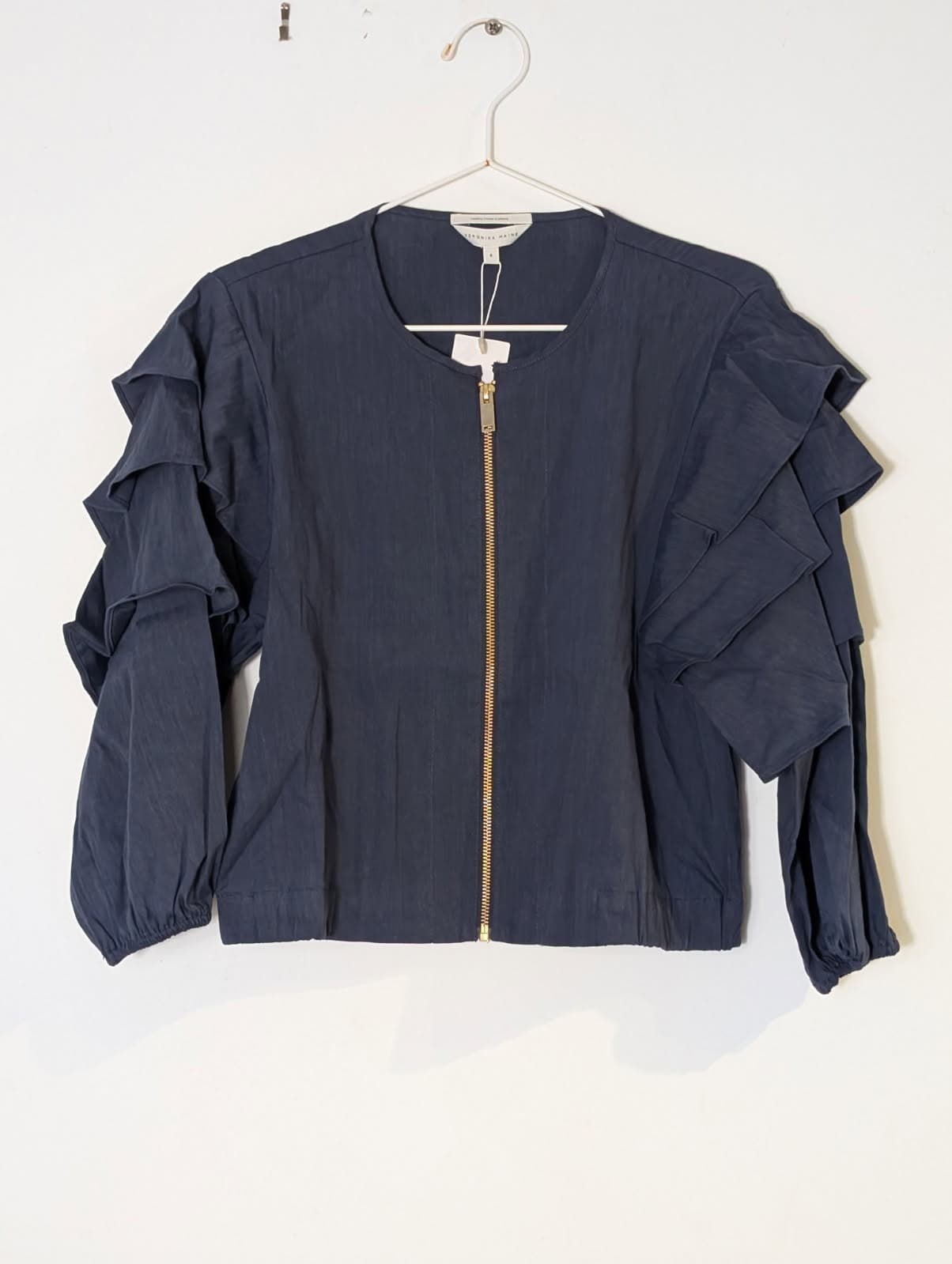 Veronika Maine Navy Blue Ruffle Zip-Up Jacket - Women's Size 8 — photo 1 of 10
