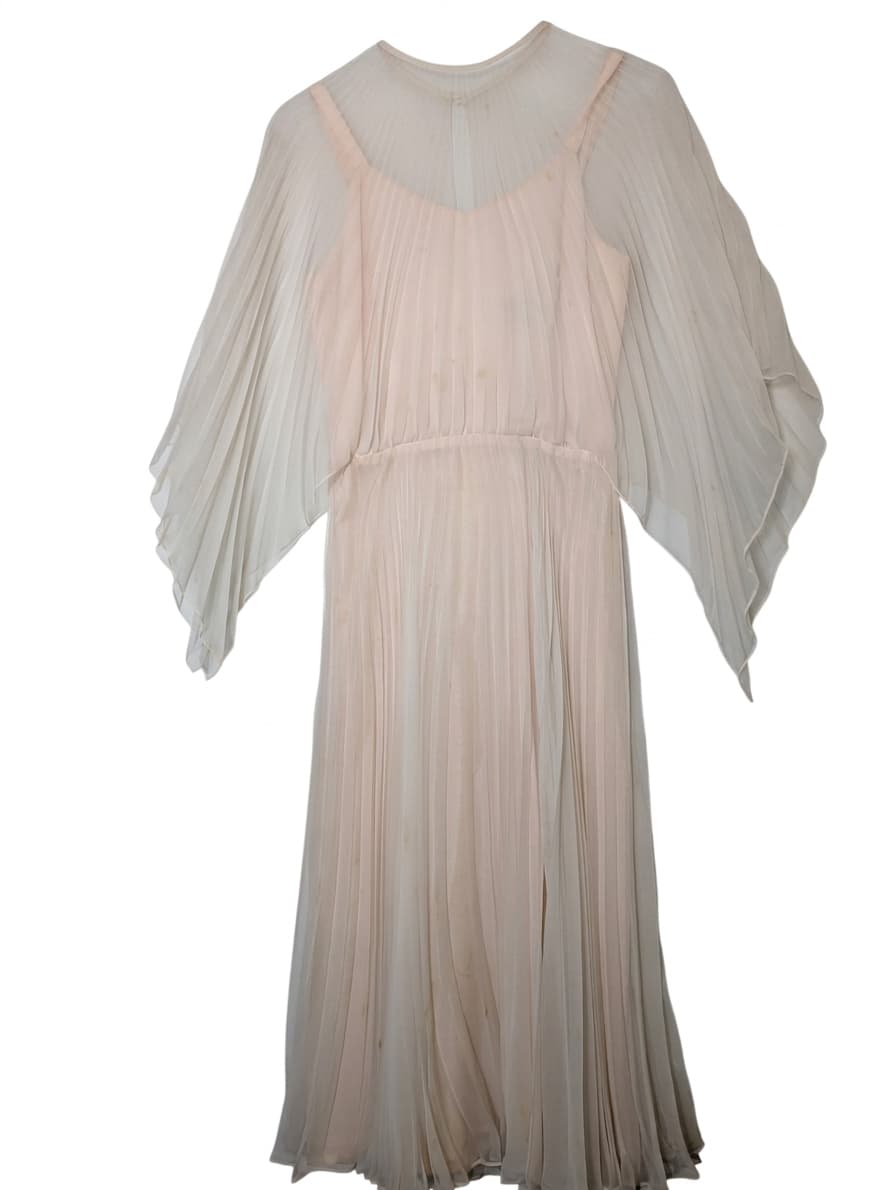 Vintage 1970s Merco Davron Pale Pink Pleated Chiffon Flutter Sleeve Maxi Dress — photo 1 of 8