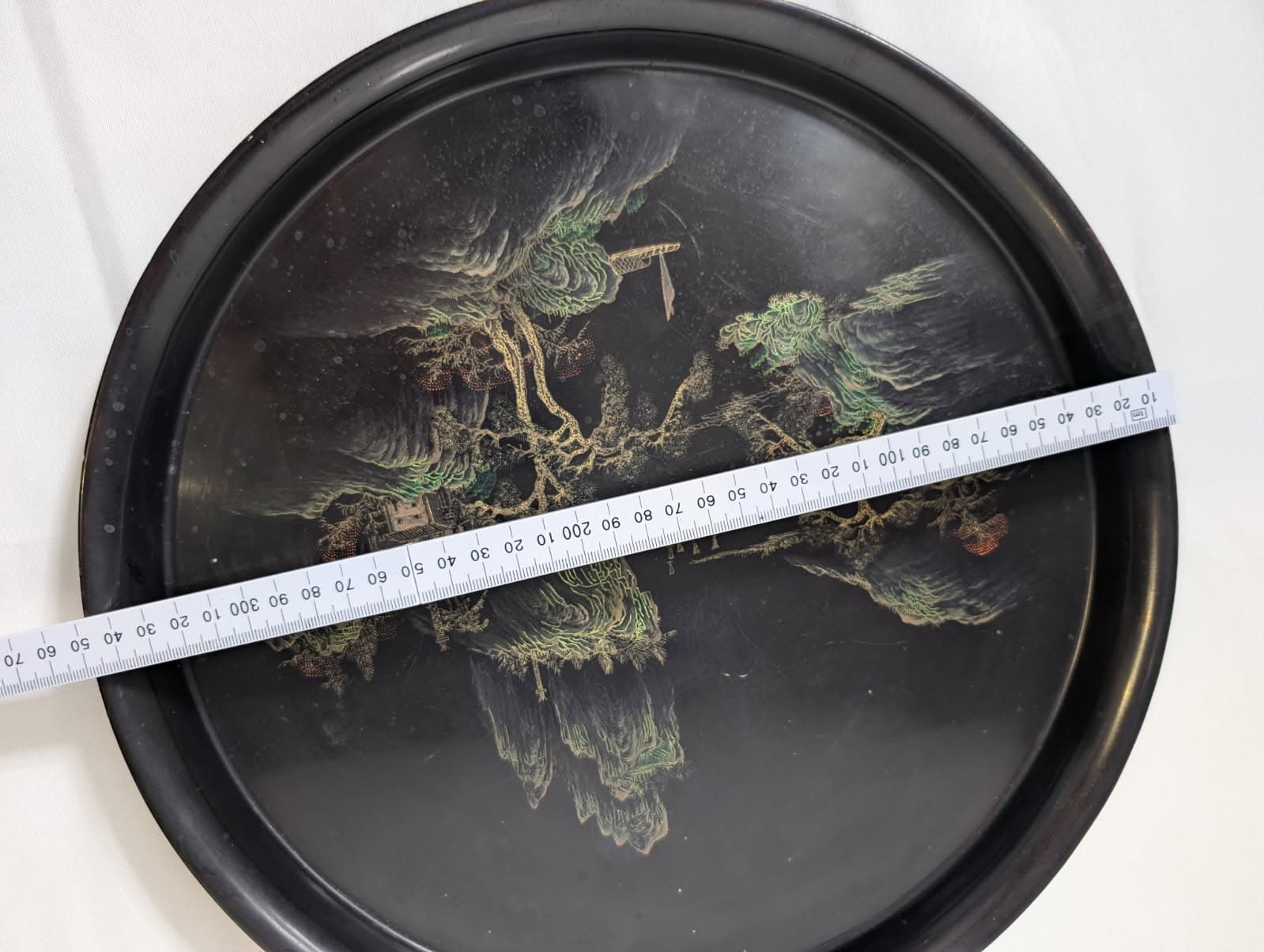 Vintage Asian Serving Tray Black Lacquerware Hand-Painted Landscape — photo 3 of 5