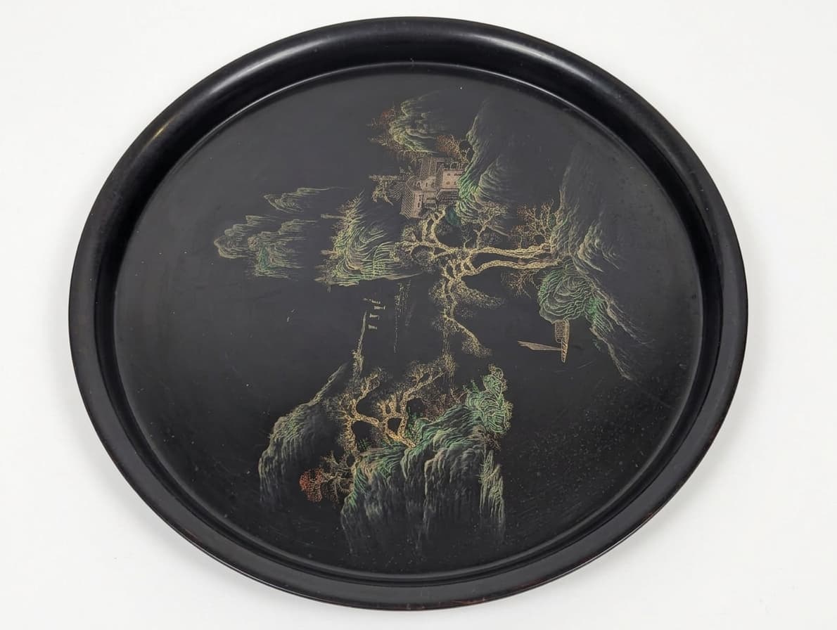 Vintage Asian Serving Tray Black Lacquerware Hand-Painted Landscape — photo 1 of 5
