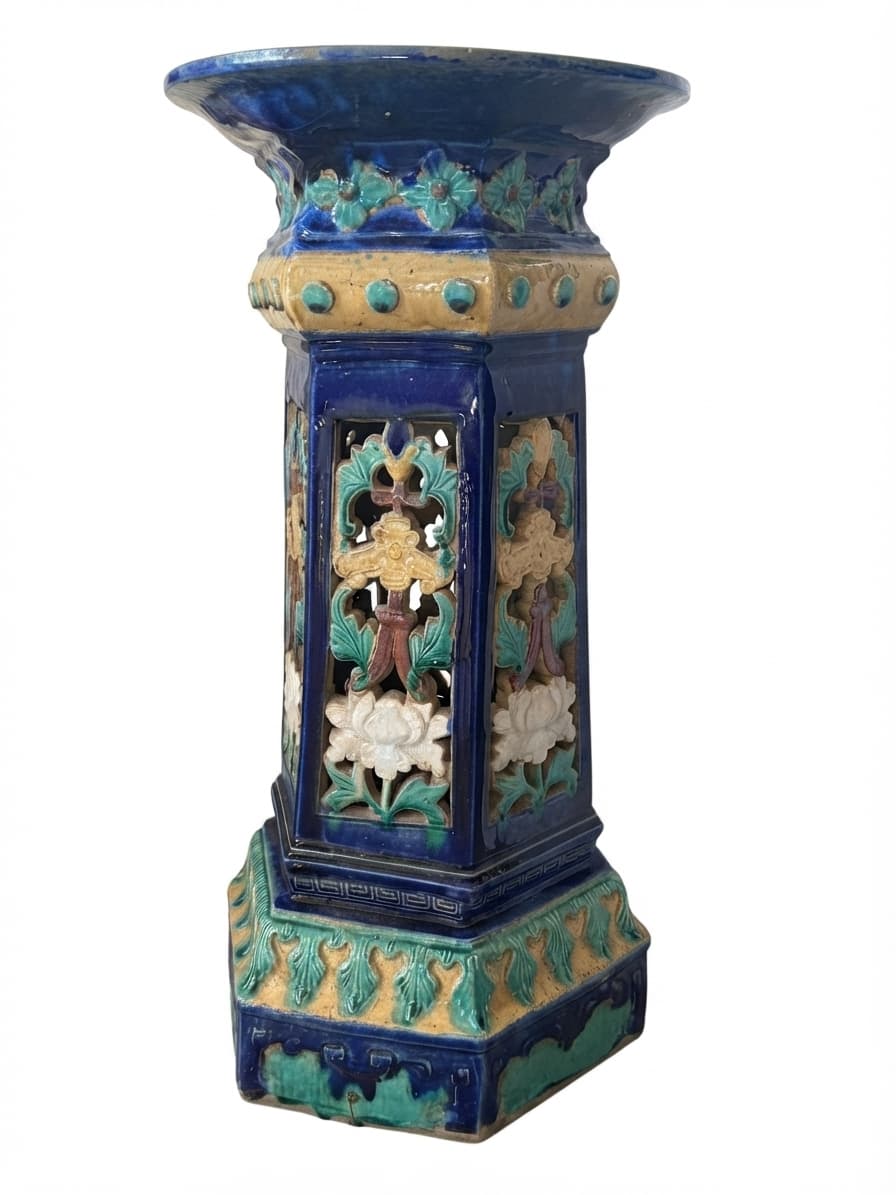 Vintage Chinese Glazed Ceramic Garden Stool Hexagonal Floral Pedestal — photo 1 of 4