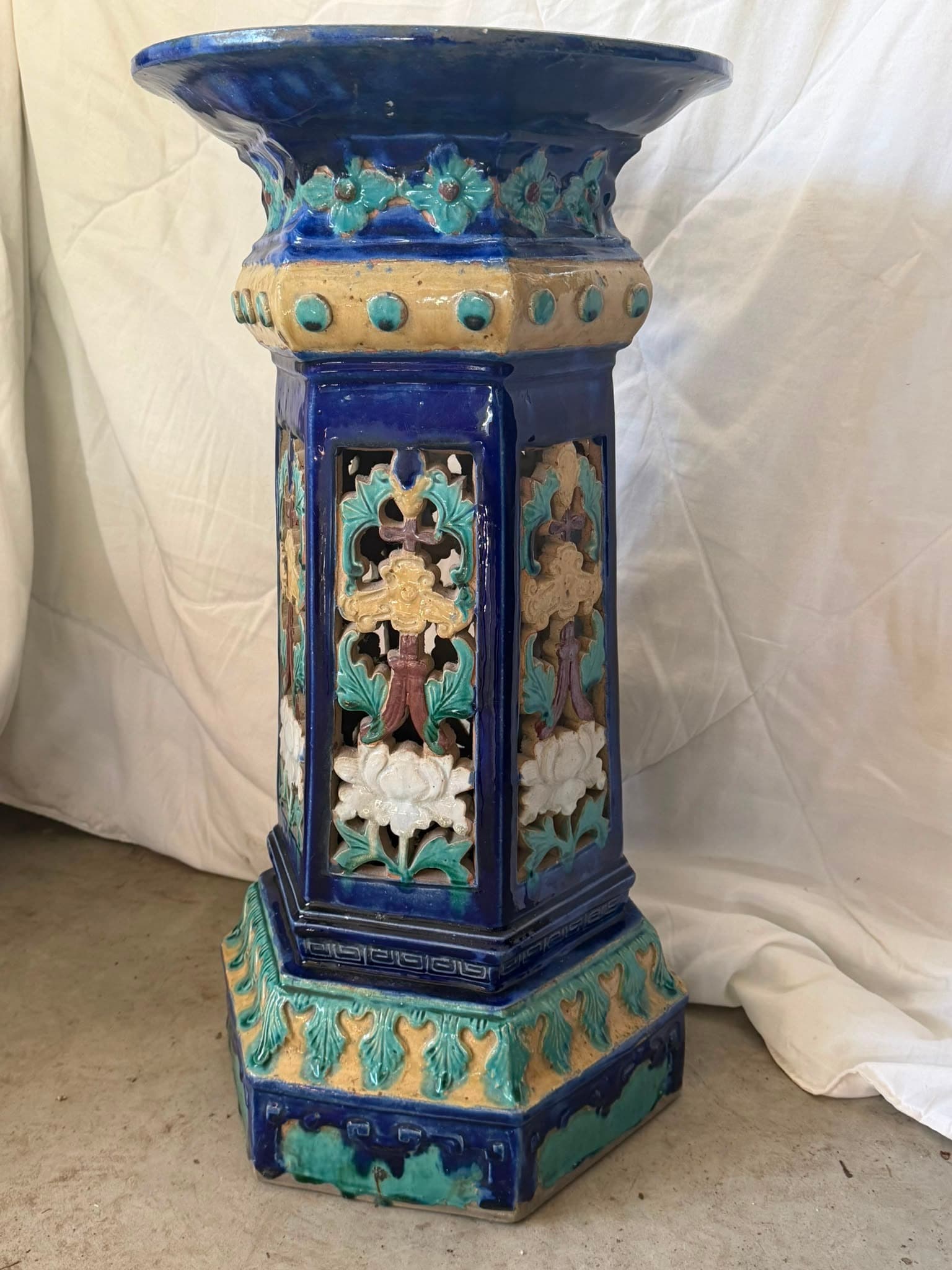 Vintage Chinese Glazed Ceramic Garden Stool Hexagonal Floral Pedestal — photo 4 of 4