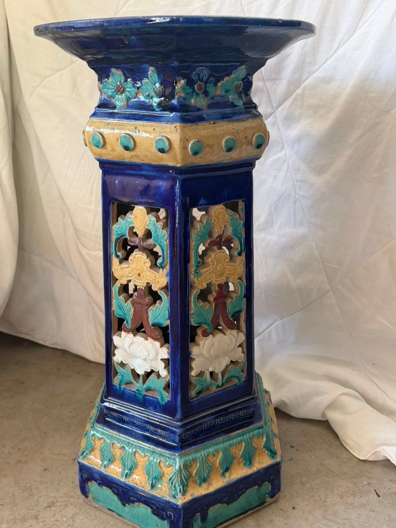 Vintage Chinese Glazed Ceramic Garden Stool - Pierced Lotus & Peony Pedestal — photo 1 of 4