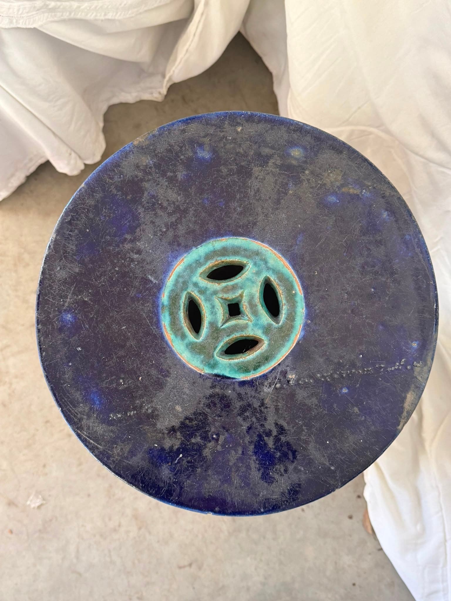 Vintage Chinese Glazed Ceramic Garden Stool - Pierced Lotus & Peony Pedestal — photo 2 of 4