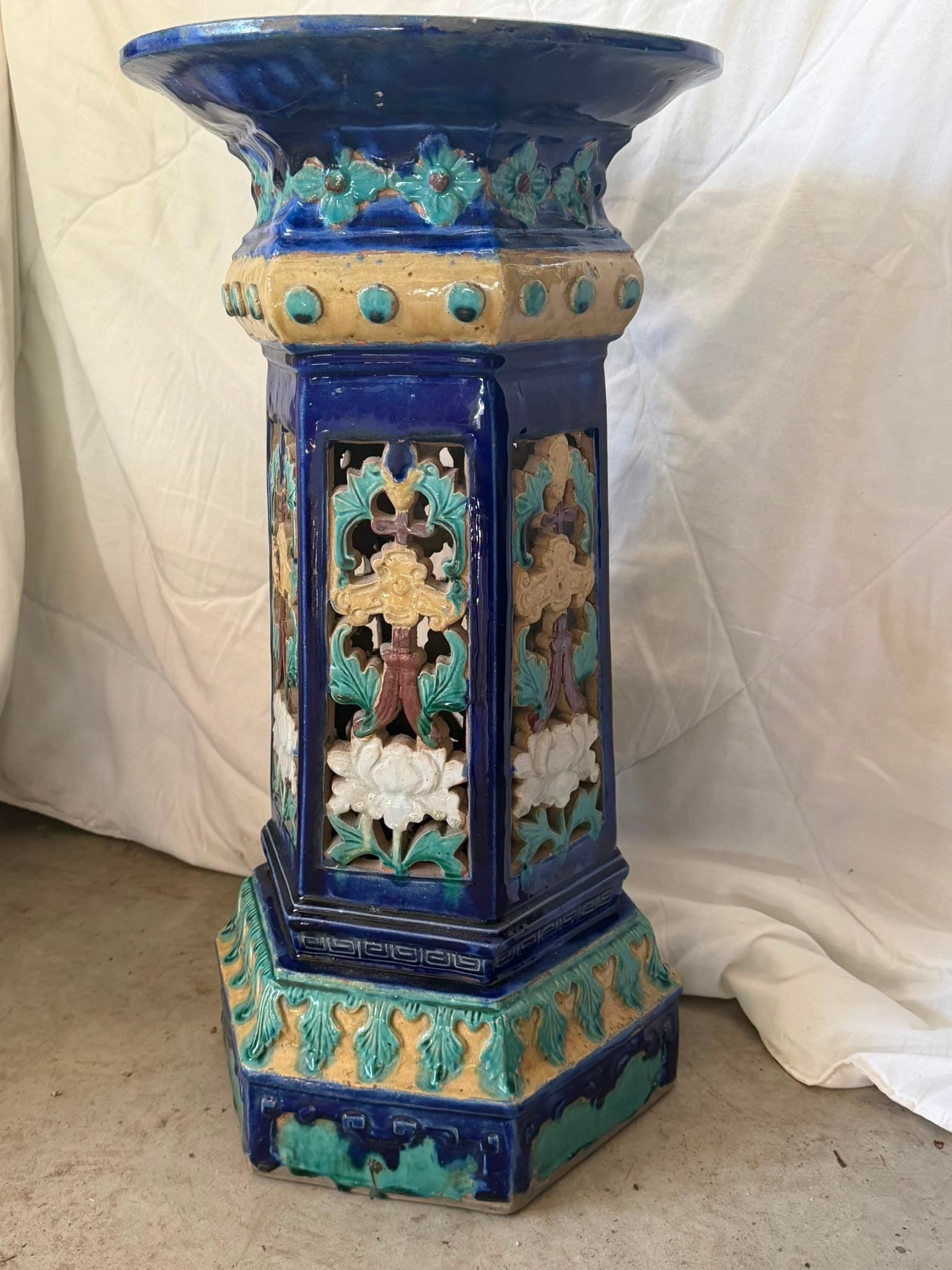 Vintage Chinese Glazed Ceramic Garden Stool - Pierced Lotus & Peony Pedestal — photo 4 of 4