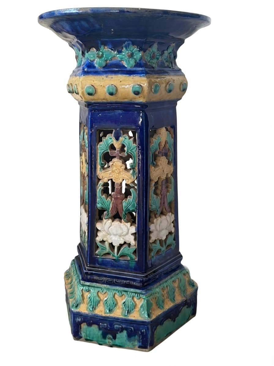 Vintage Chinese Glazed Ceramic Pedestal Hexagonal Floral Jardinere — photo 1 of 4