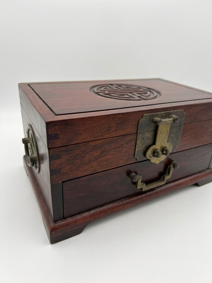 Vintage Chinese Rosewood Jewelry Box Shou Symbol Brass Hardware — photo 1 of 11