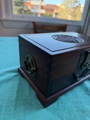 Vintage Chinese Rosewood Jewelry Box Shou Symbol Brass Hardware — photo 2 of 11
