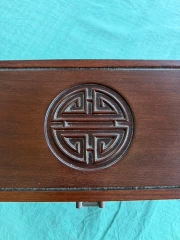 Vintage Chinese Rosewood Jewelry Box Shou Symbol Brass Hardware — photo 5 of 11