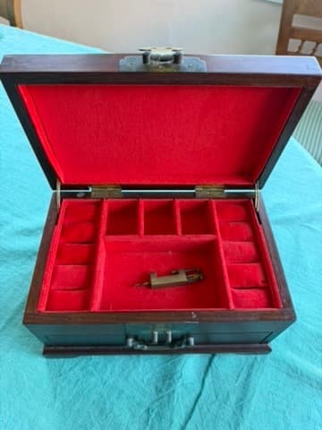 Vintage Chinese Rosewood Jewelry Box Shou Symbol Brass Hardware — photo 6 of 11