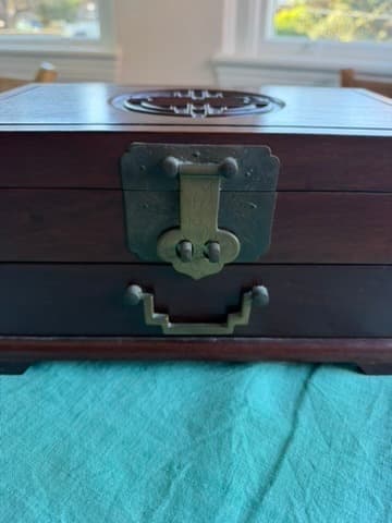 Vintage Chinese Rosewood Jewelry Box Shou Symbol Brass Hardware — photo 7 of 11