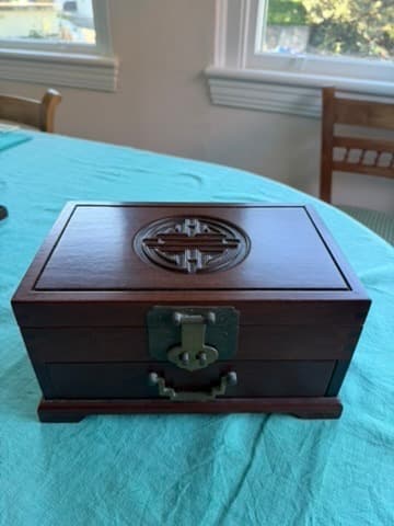 Vintage Chinese Rosewood Jewelry Box Shou Symbol Brass Hardware — photo 8 of 11