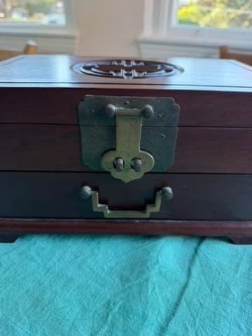 Vintage Chinese Rosewood Jewelry Box Shou Symbol Brass Hardware — photo 10 of 11
