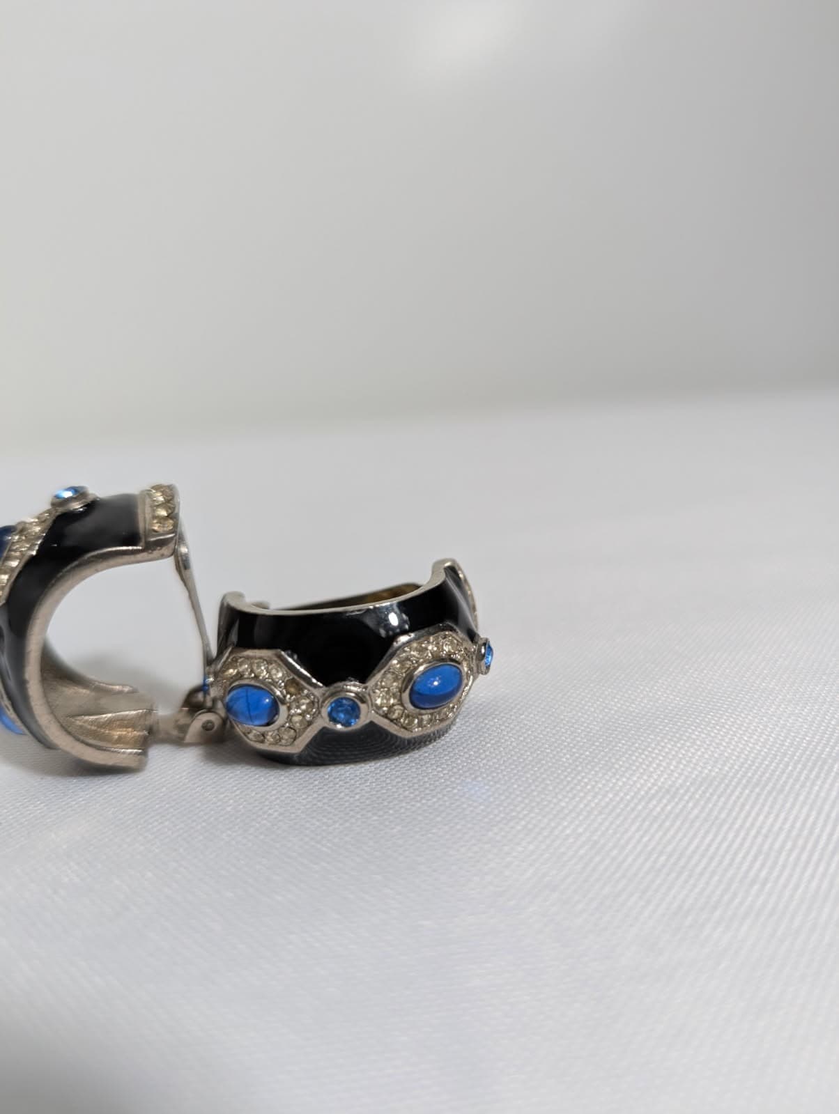 Vintage Enamel and Rhinestone Clip-On Hoop Earrings with Blue Cabochons — photo 3 of 8