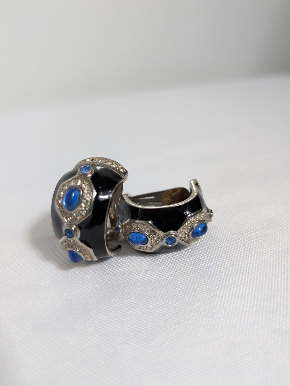 Vintage Enamel and Rhinestone Clip-On Hoop Earrings with Blue Cabochons — photo 1 of 8