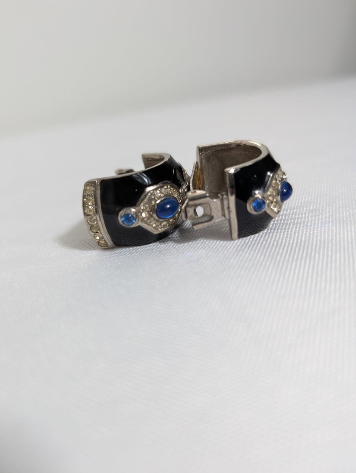 Vintage Enamel and Rhinestone Clip-On Hoop Earrings with Blue Cabochons — photo 5 of 8