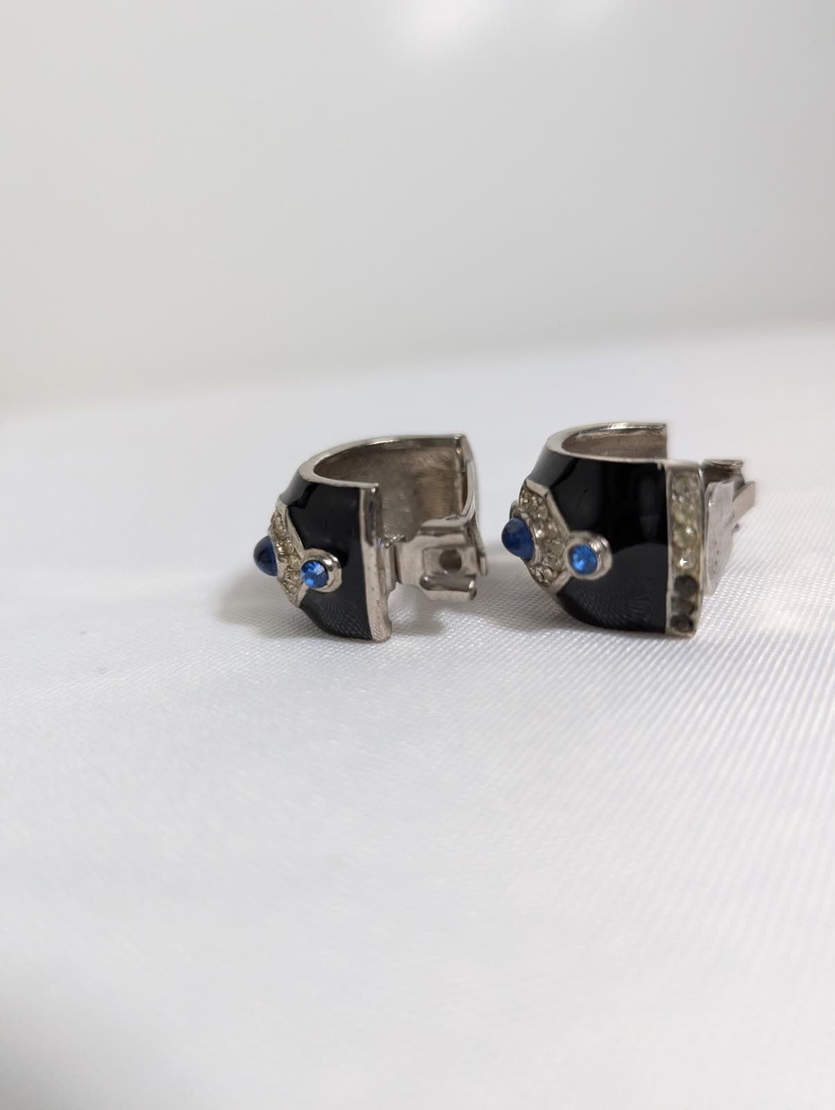 Vintage Enamel and Rhinestone Clip-On Hoop Earrings with Blue Cabochons — photo 6 of 8