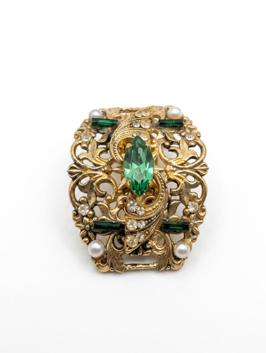 Vintage Gold Tone Filigree Shoe Clips Green Rhinestone & Faux Pearl — photo 1 of 5