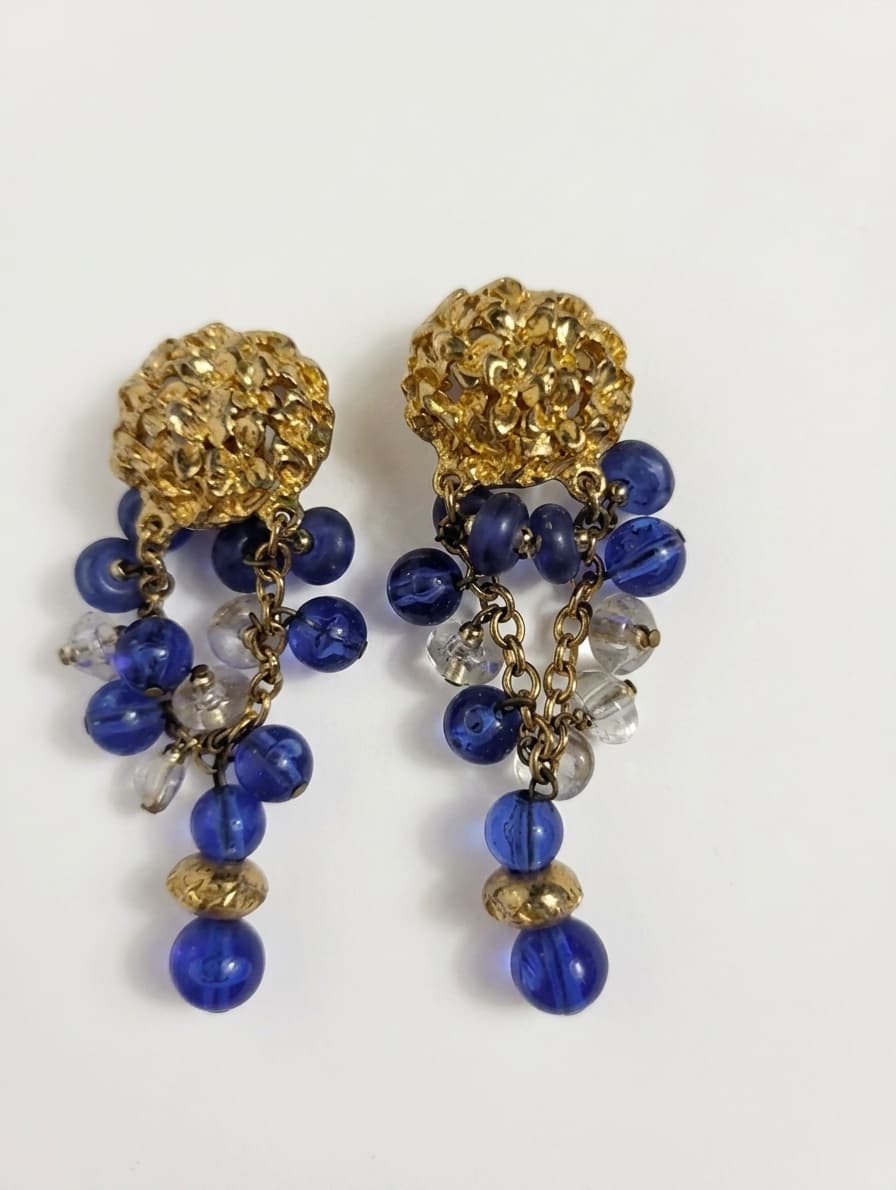 Vintage Gold-Tone Textured Clip-On Earrings With Blue And Clear Bead Dangles — photo 1 of 5