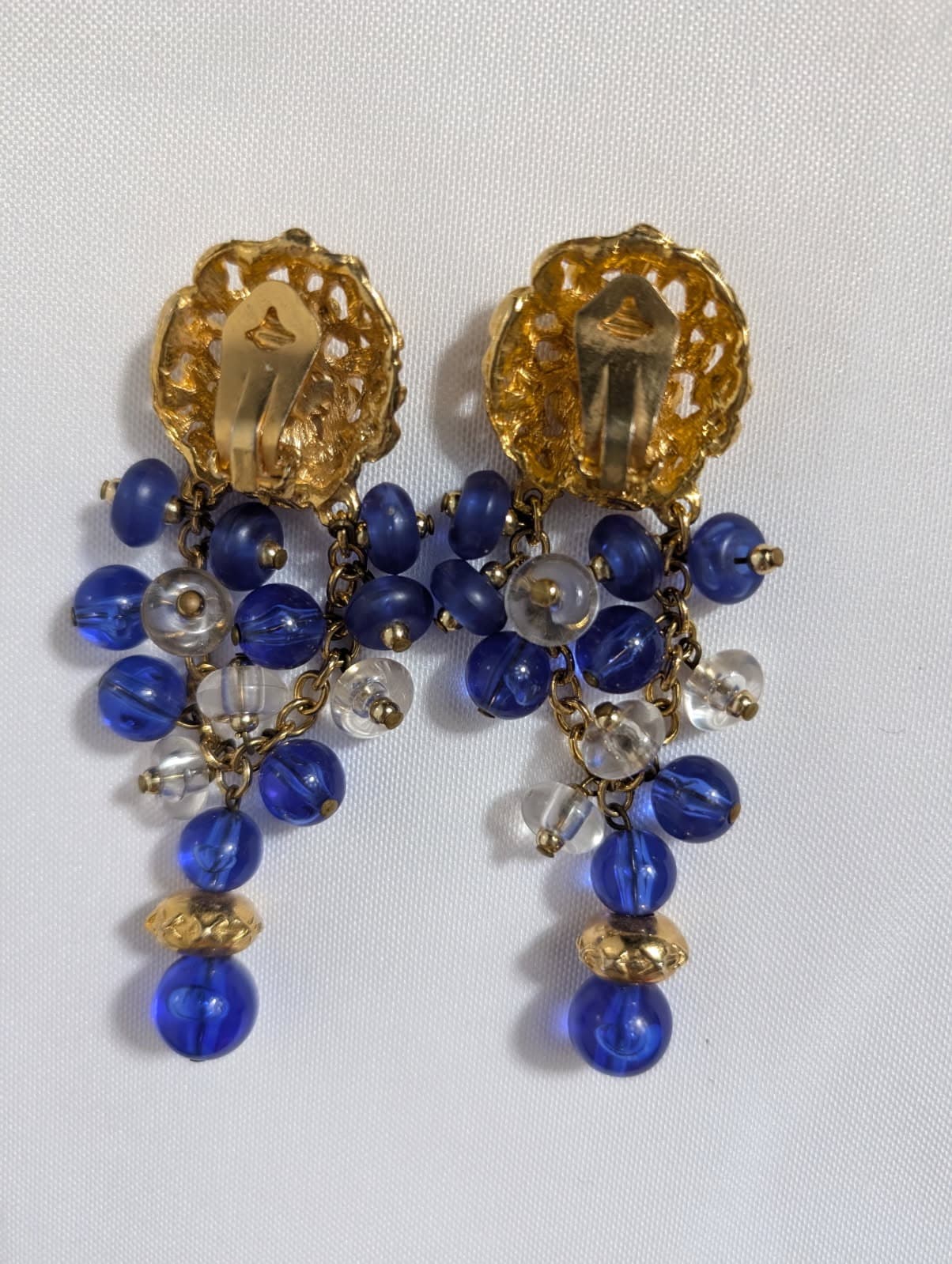 Vintage Gold-Tone Textured Clip-On Earrings With Blue And Clear Bead Dangles — photo 2 of 5
