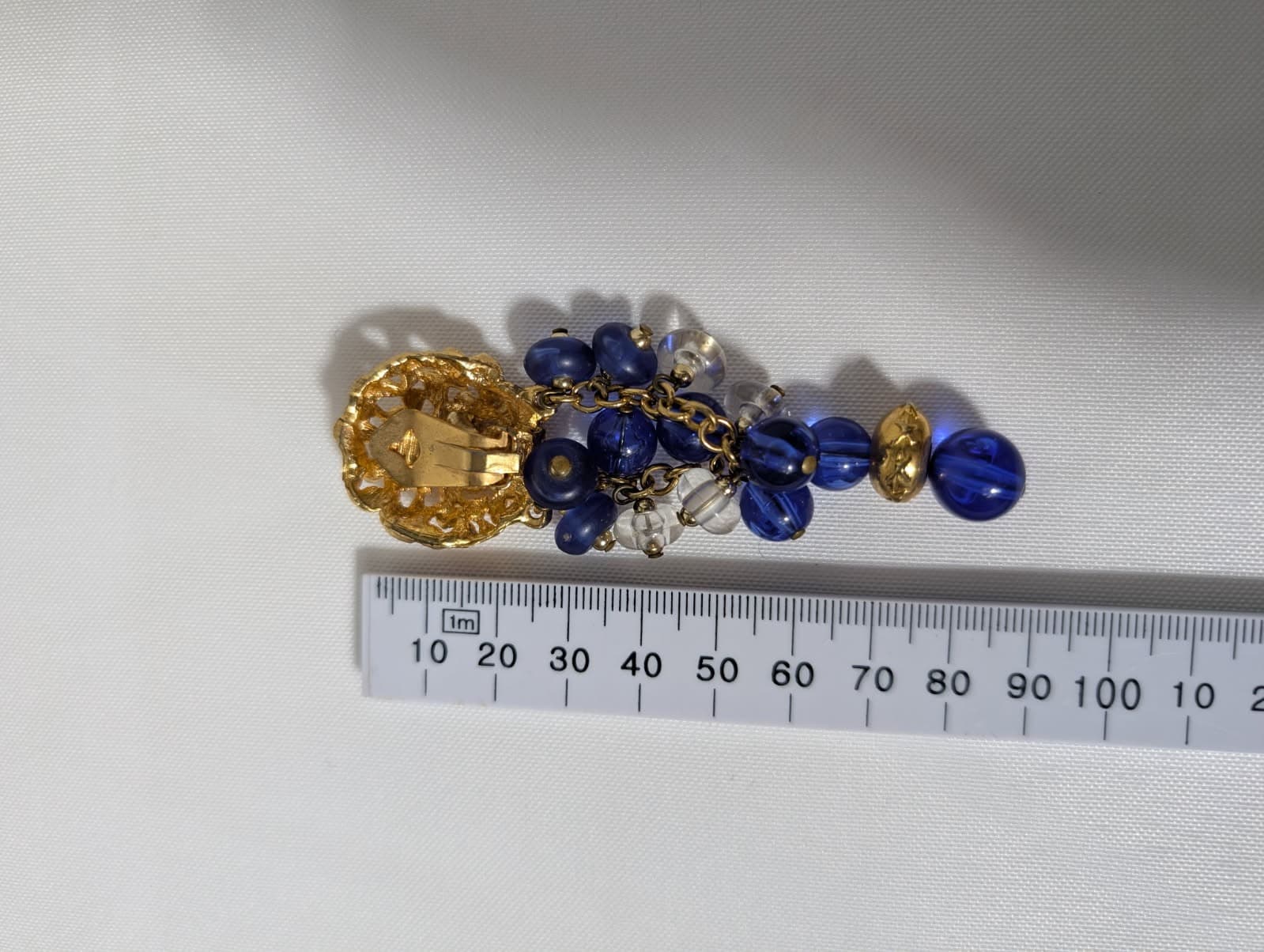 Vintage Gold-Tone Textured Clip-On Earrings With Blue And Clear Bead Dangles — photo 3 of 5