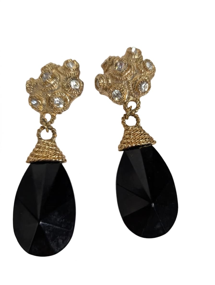 Vintage Gold Tone Textured Rhinestone and Black Teardrop Clip-on Earrings — photo 1 of 5