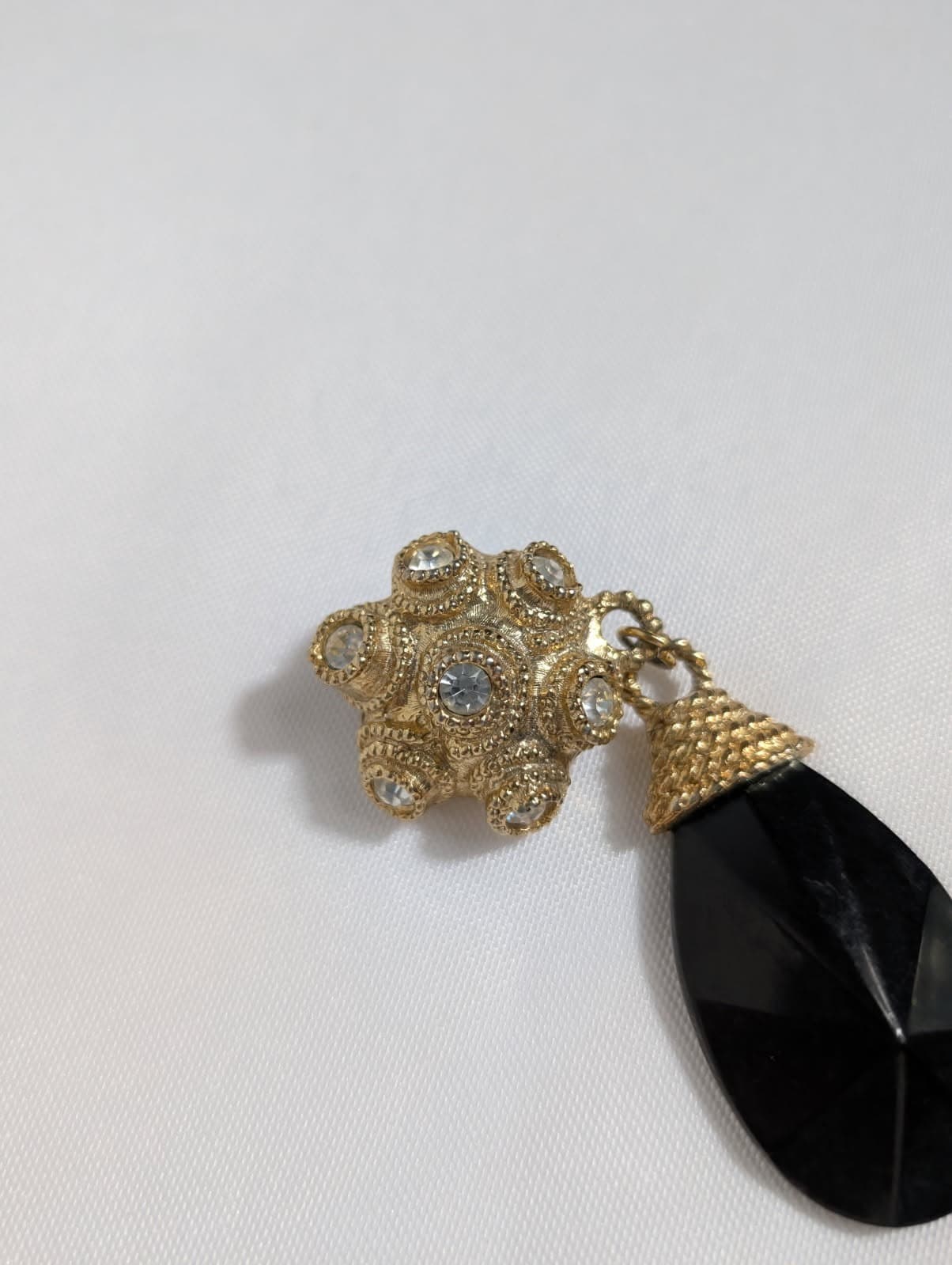 Vintage Gold Tone Textured Rhinestone and Black Teardrop Clip-on Earrings — photo 2 of 5