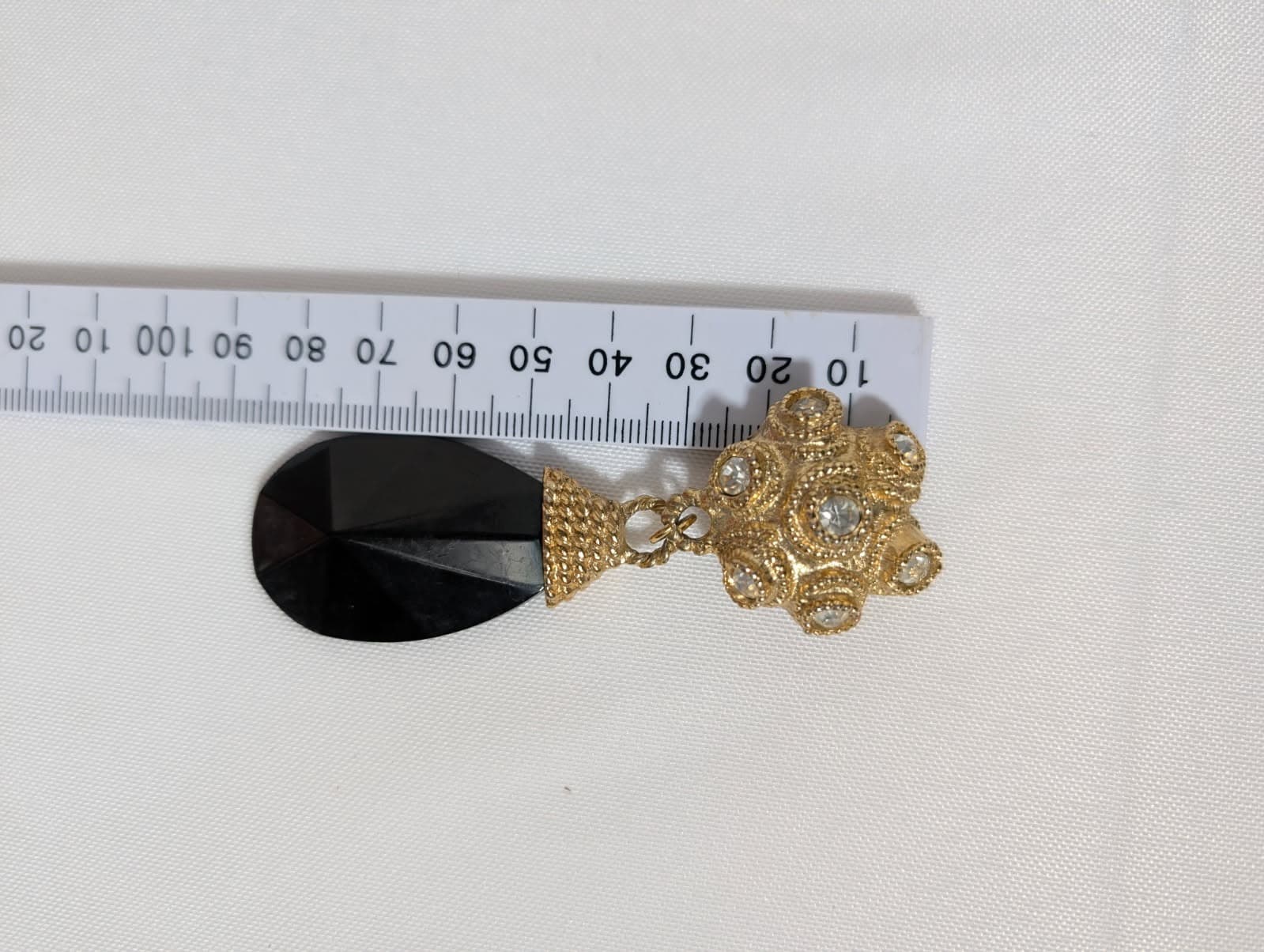 Vintage Gold Tone Textured Rhinestone and Black Teardrop Clip-on Earrings — photo 3 of 5