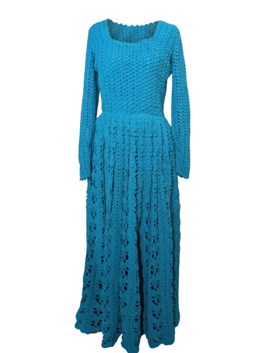 Vintage Handmade Crochet Maxi Dress - Vibrant Blue Long Sleeve — photo 1 of 10
