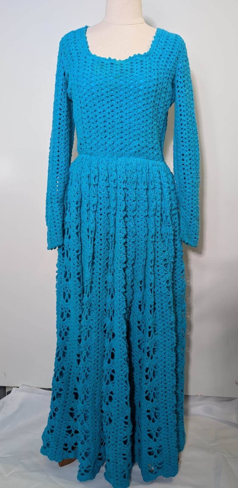 Vintage Handmade Crochet Maxi Dress - Vibrant Blue Long Sleeve — photo 4 of 10