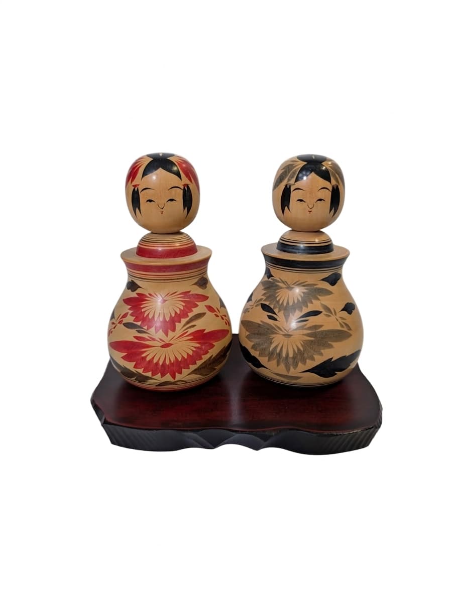 Vintage Japanese Kokeshi Doll Set - Hand-Painted Floral Design — photo 1 of 7