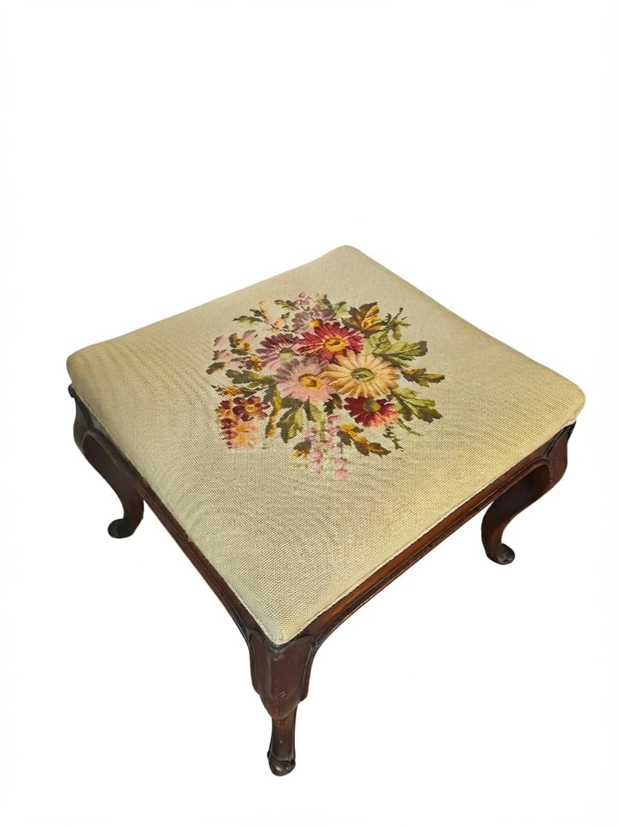 Vintage Needlepoint Floral Footstool with Carved Cabriole Legs — photo 1 of 5