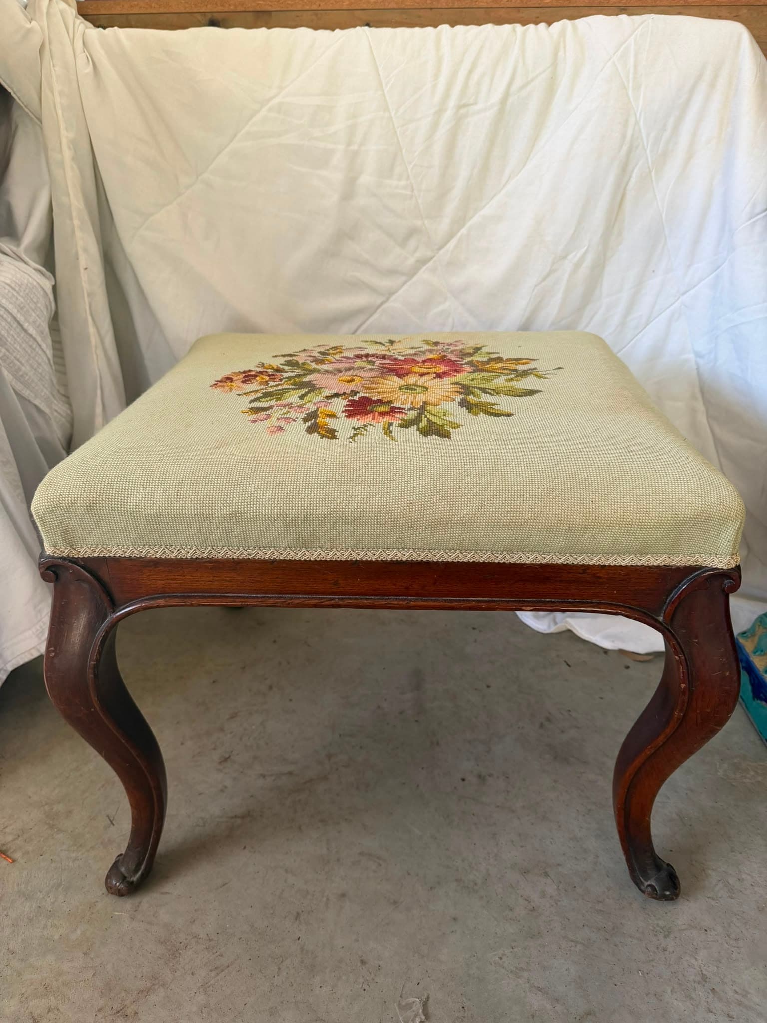 Vintage Needlepoint Floral Footstool with Carved Cabriole Legs — photo 5 of 5