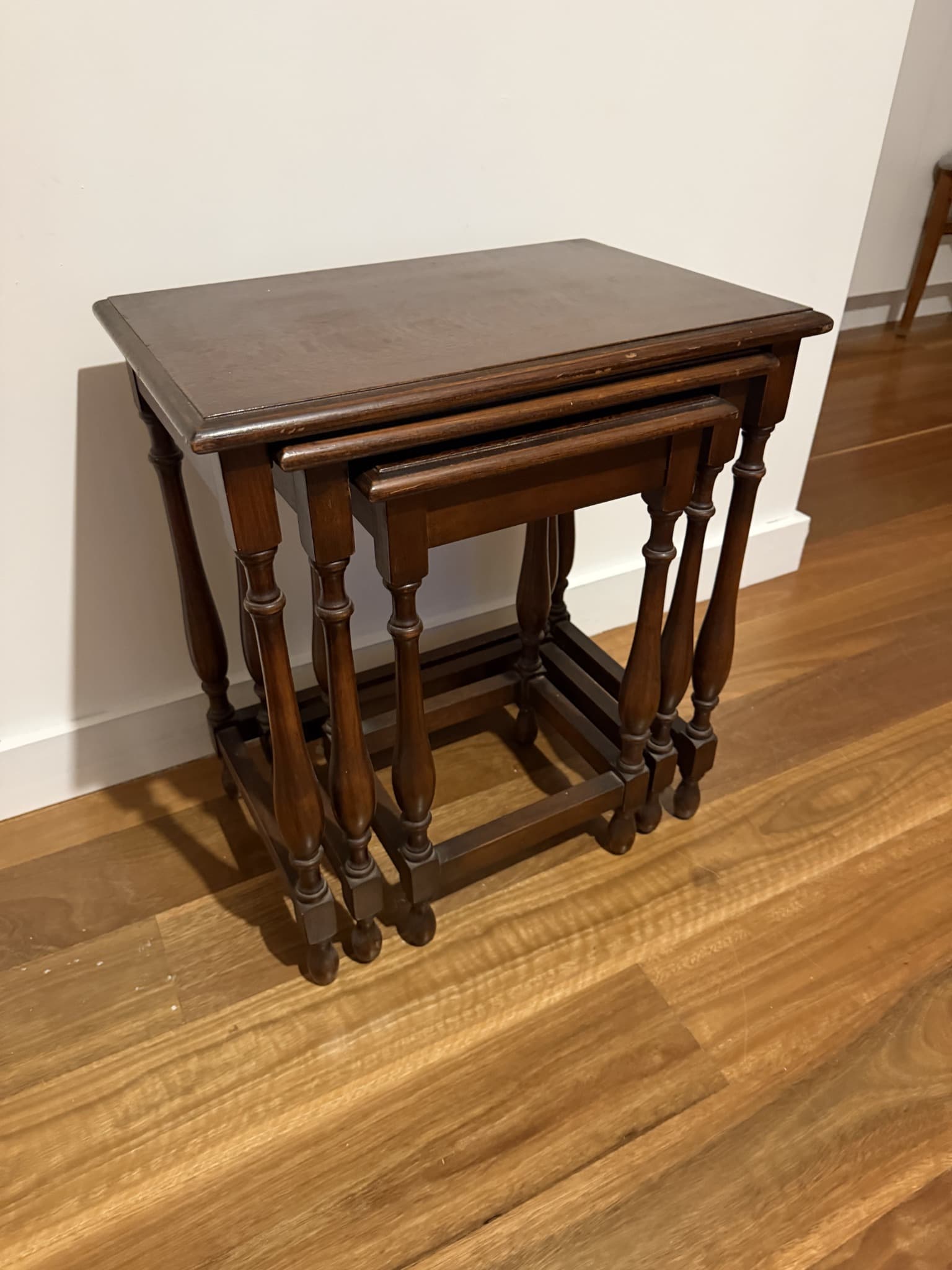 Vintage Nesting Tables Wooden Side Tables with Turned Legs Dark Brown — photo 1 of 6