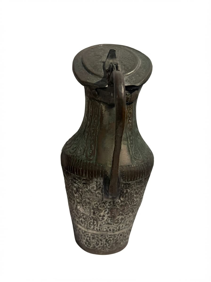 Vintage Persian Style Engraved Tinned Copper Ewer Pitcher with Hinged Lid — photo 1 of 7