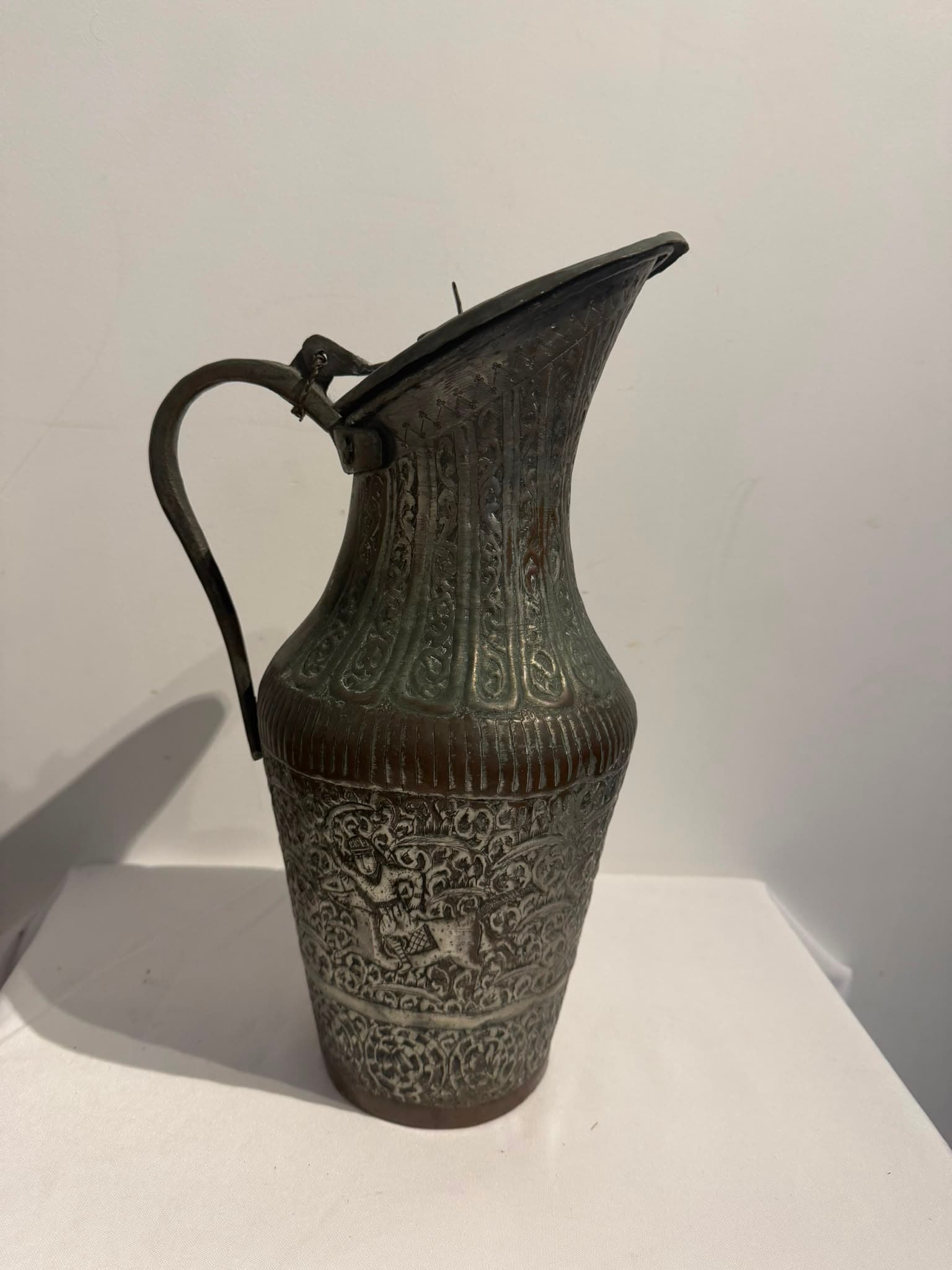 Vintage Persian Style Engraved Tinned Copper Ewer Pitcher with Hinged Lid — photo 2 of 7