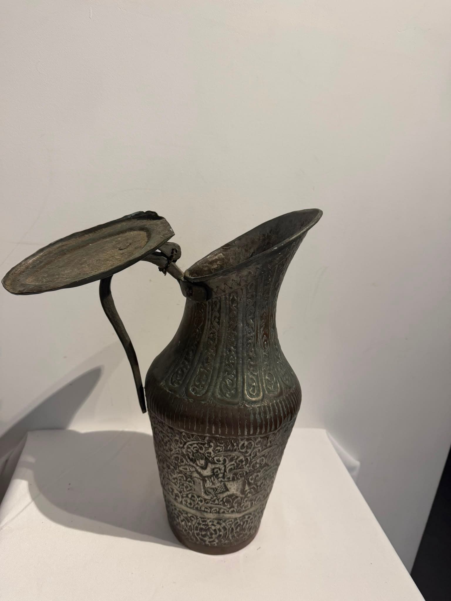 Vintage Persian Style Engraved Tinned Copper Ewer Pitcher with Hinged Lid — photo 6 of 7