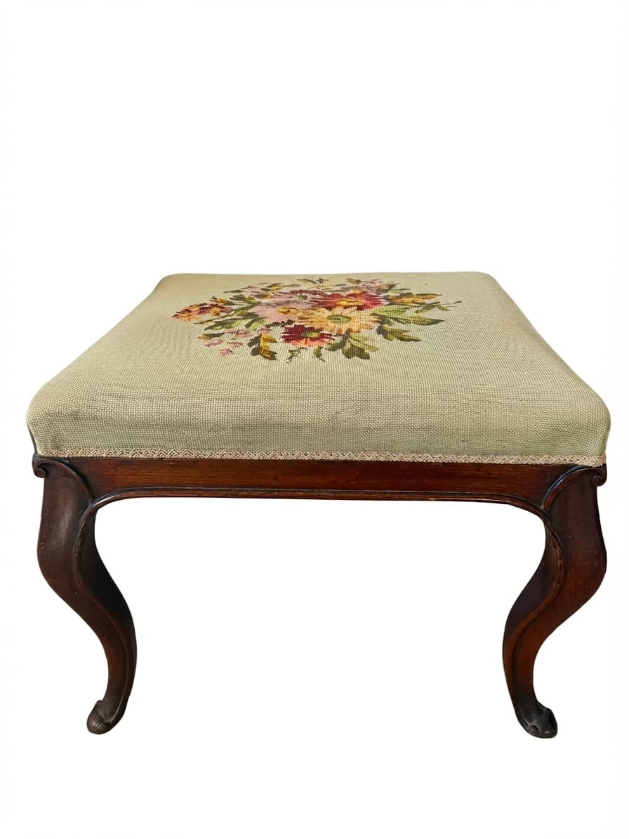 Vintage Queen Anne Style Footstool Floral Needlepoint Tapestry — photo 1 of 5
