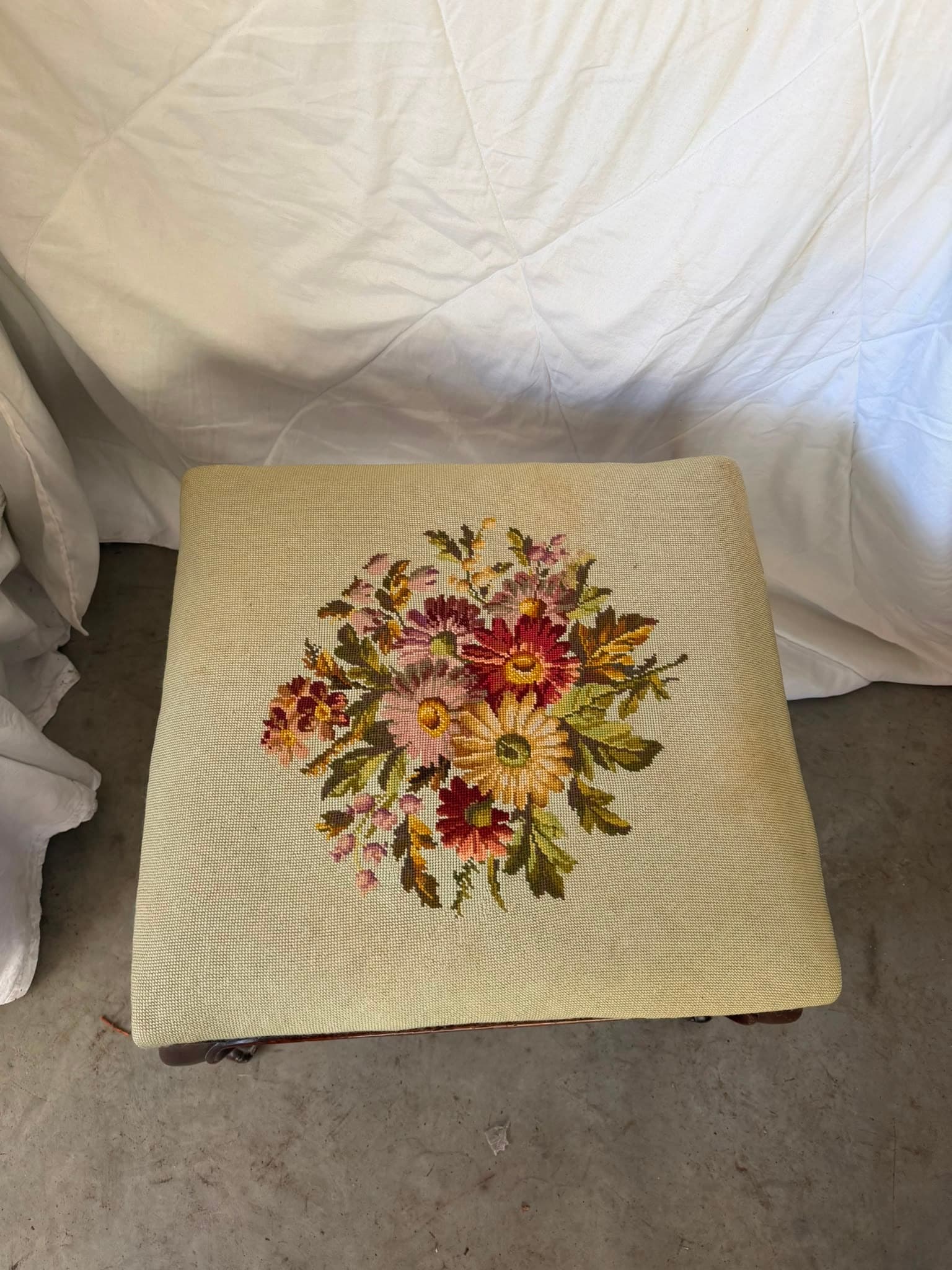 Vintage Queen Anne Style Footstool Floral Needlepoint Tapestry — photo 2 of 5