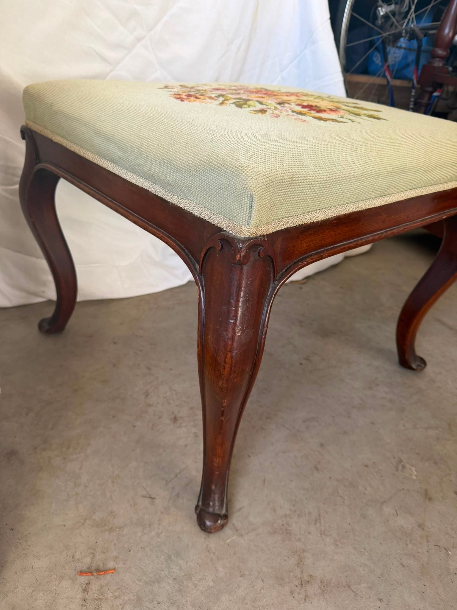 Vintage Queen Anne Style Footstool Floral Needlepoint Tapestry — photo 3 of 5