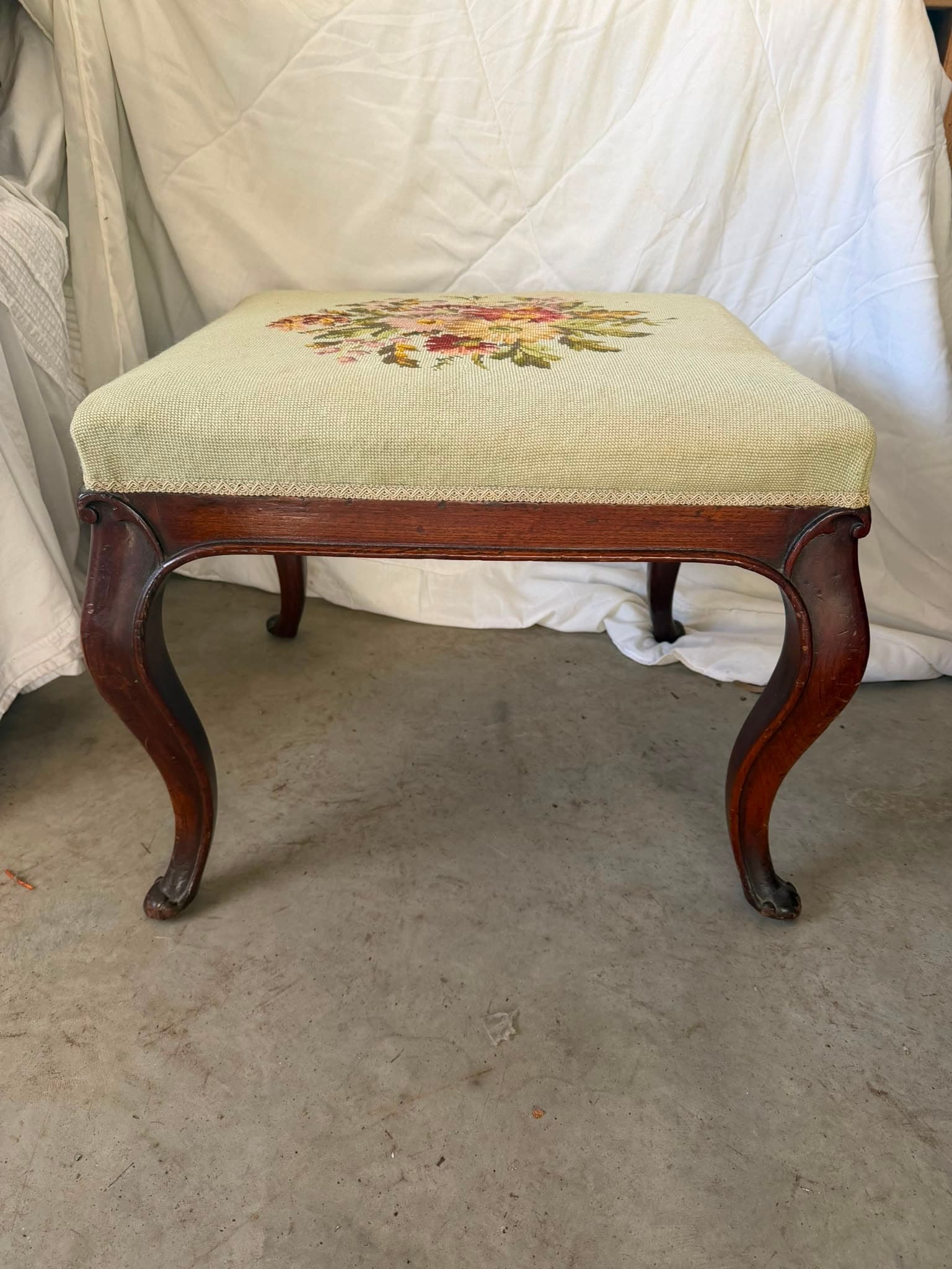 Vintage Queen Anne Style Footstool Floral Needlepoint Tapestry — photo 4 of 5