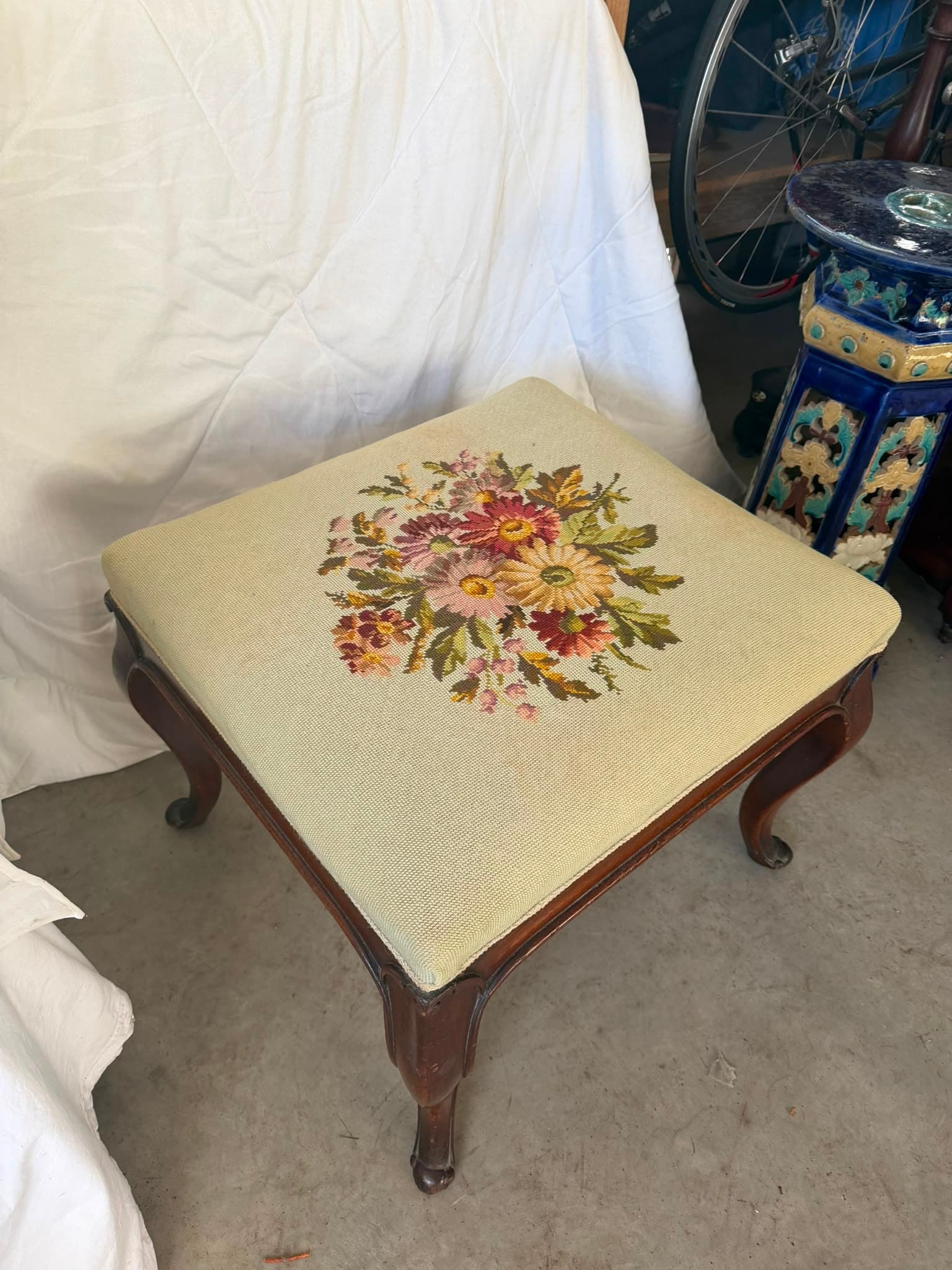 Vintage Queen Anne Style Footstool Floral Needlepoint Tapestry — photo 5 of 5