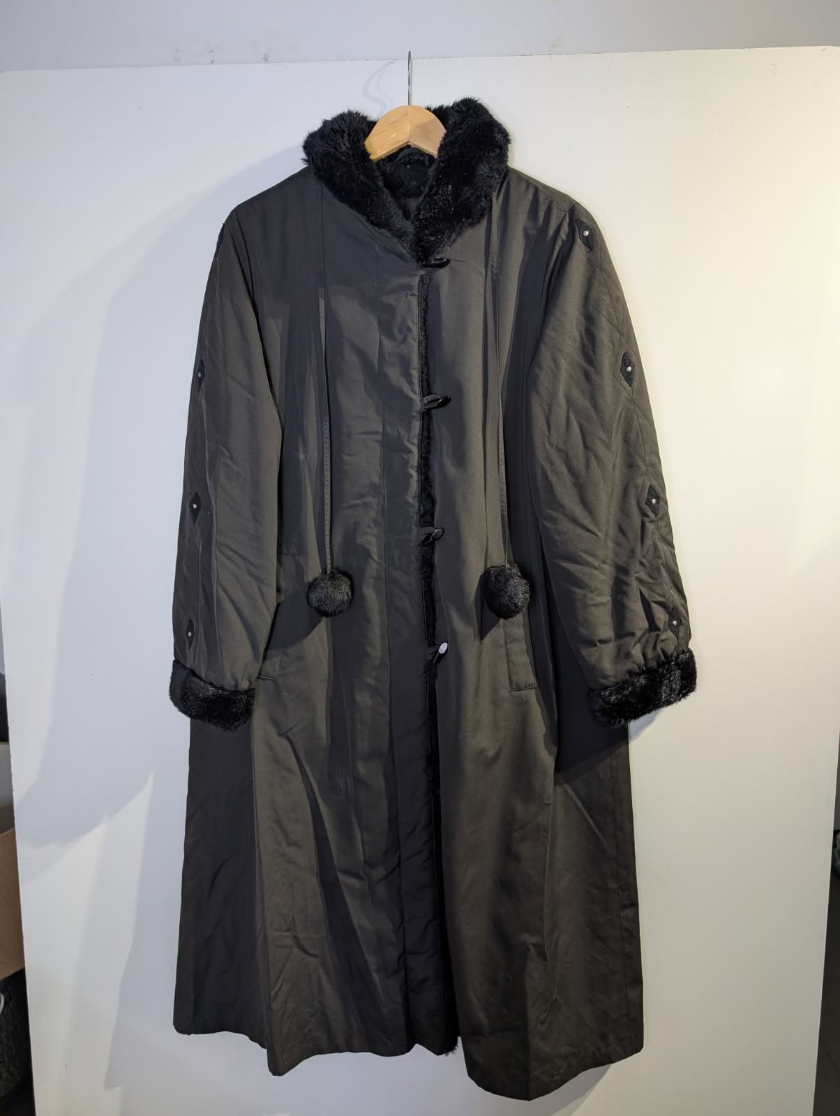 Vintage Quilted Faux Fur Trimmed Coat with Pom-Poms - Black — photo 6 of 6