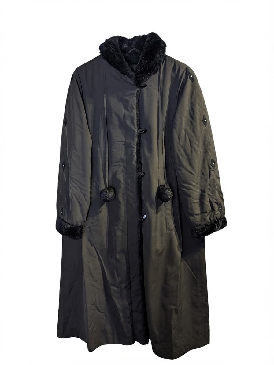 Vintage Quilted Long Coat with Faux Fur Trim Black — photo 1 of 6