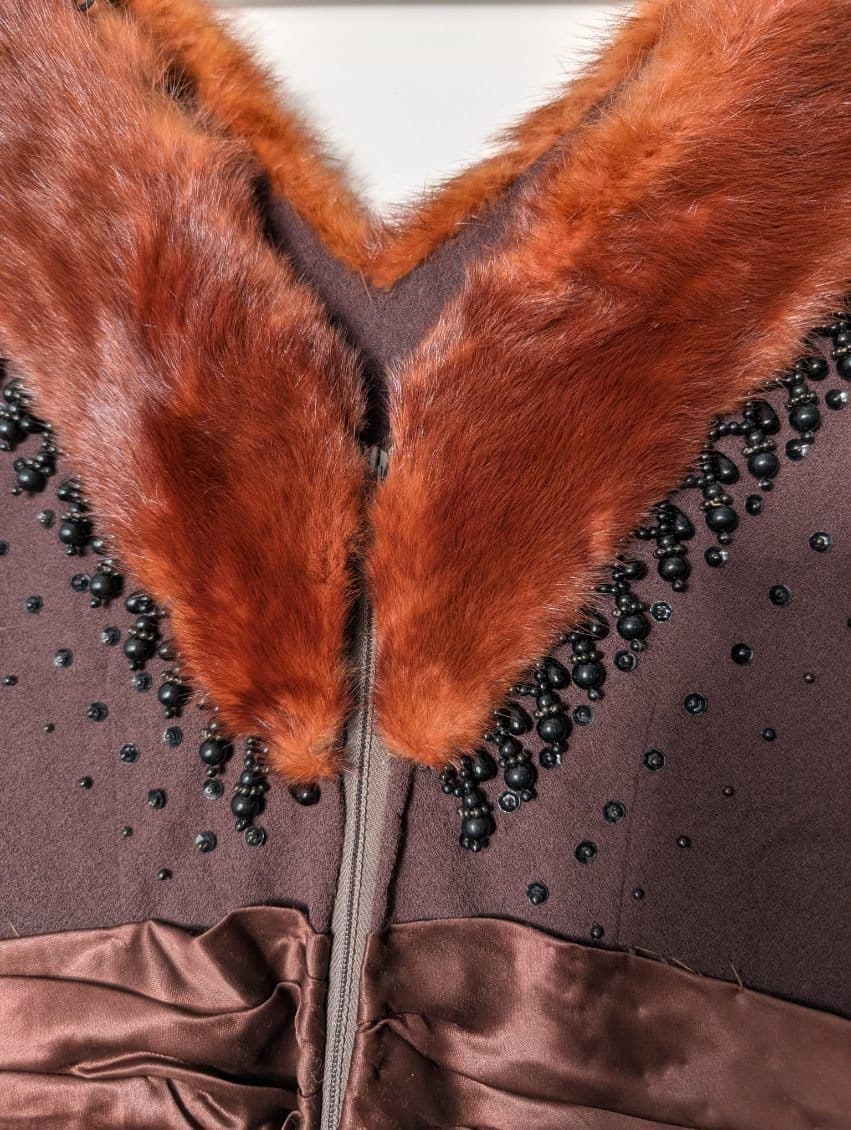 Vintage Raoul Couture Brown Wool Evening Dress with Faux Fur Collar — photo 2 of 9