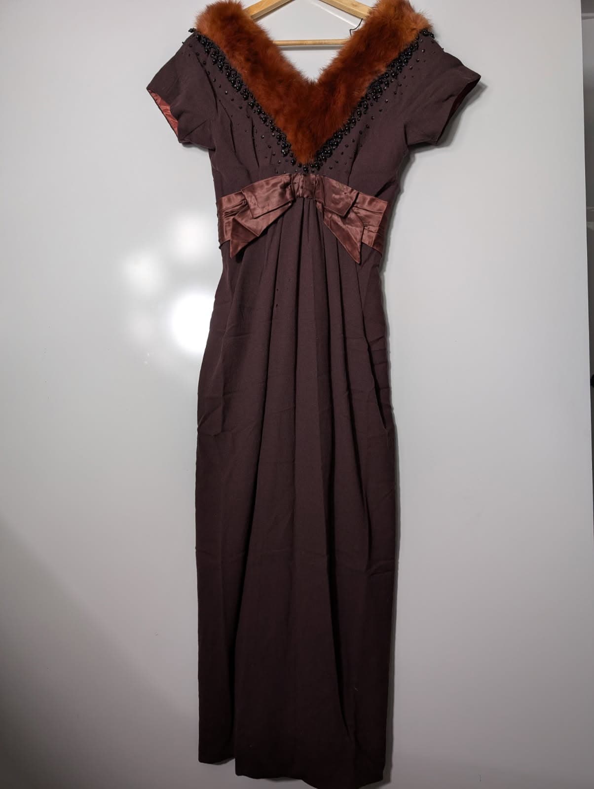 Vintage Raoul Couture Brown Wool Evening Dress with Faux Fur Collar — photo 7 of 9